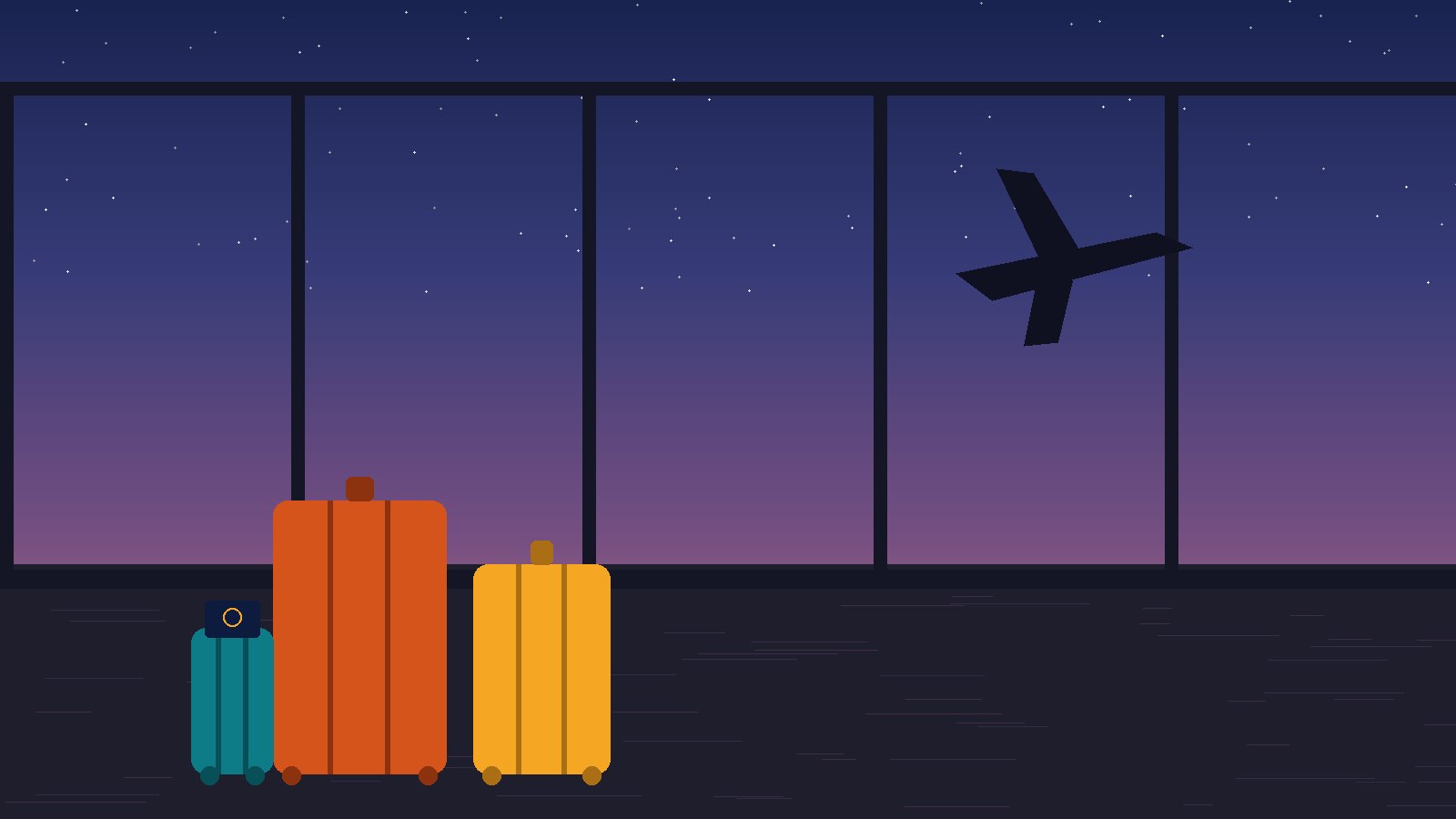 Suitcases and passport at an airport departure lounge at dusk